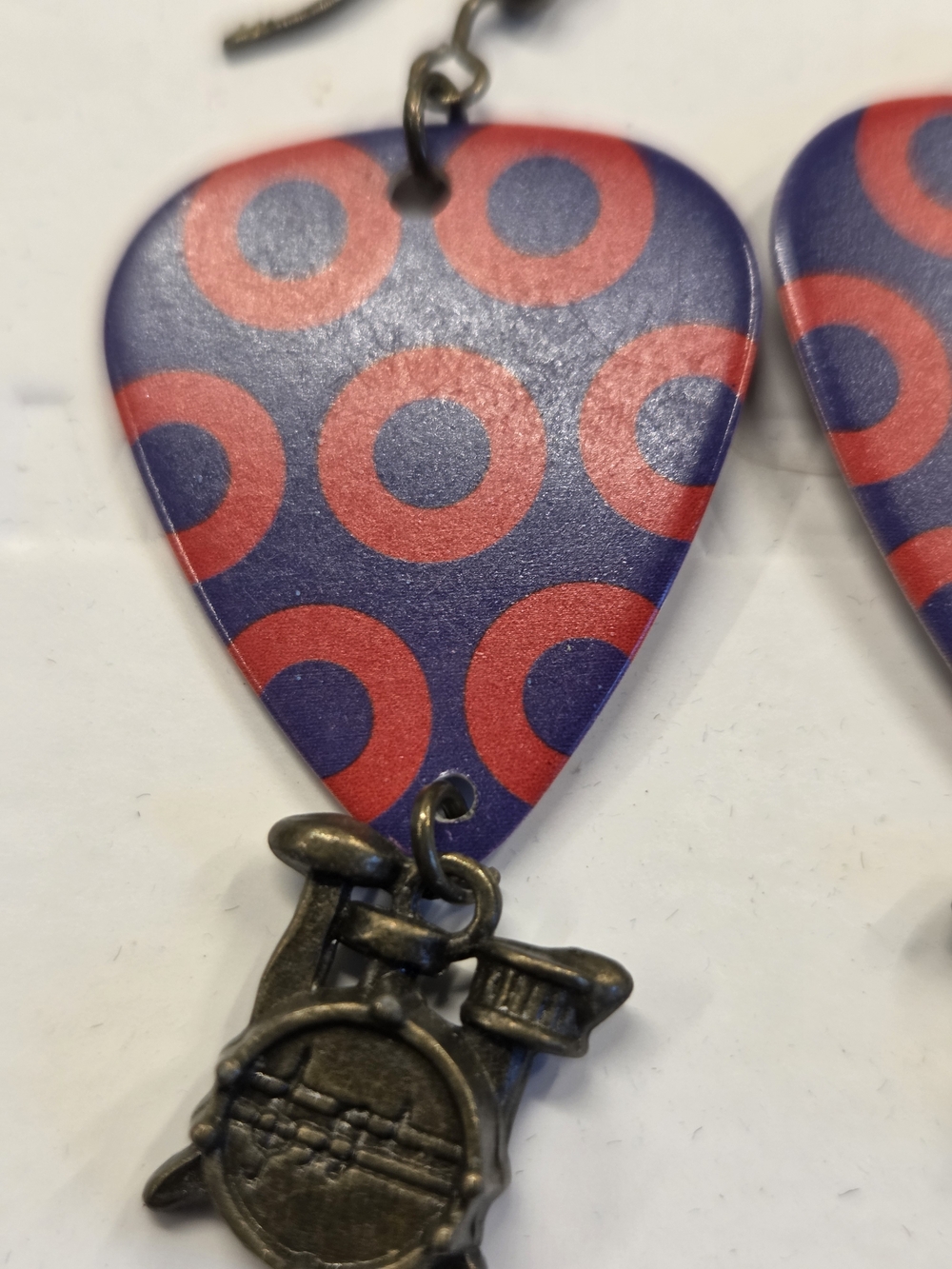 Phish Donut Guitar Pick Dangle Earrings with Drum Charms - Blue & Red - Picture 2 of 5